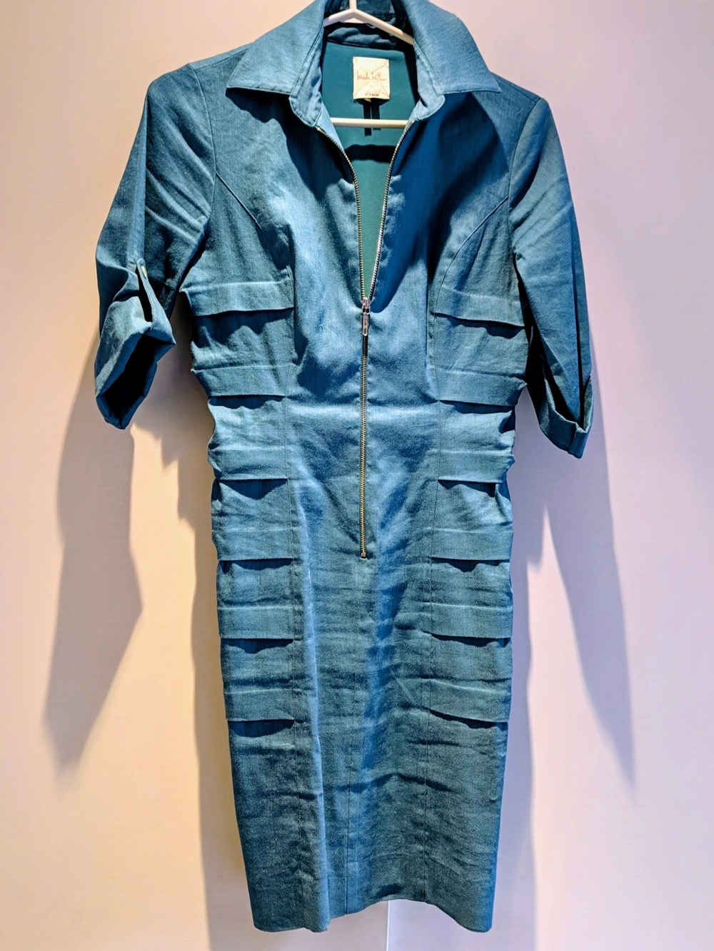 Nicole Miller Teal Linen Zip-Front Midi Dress